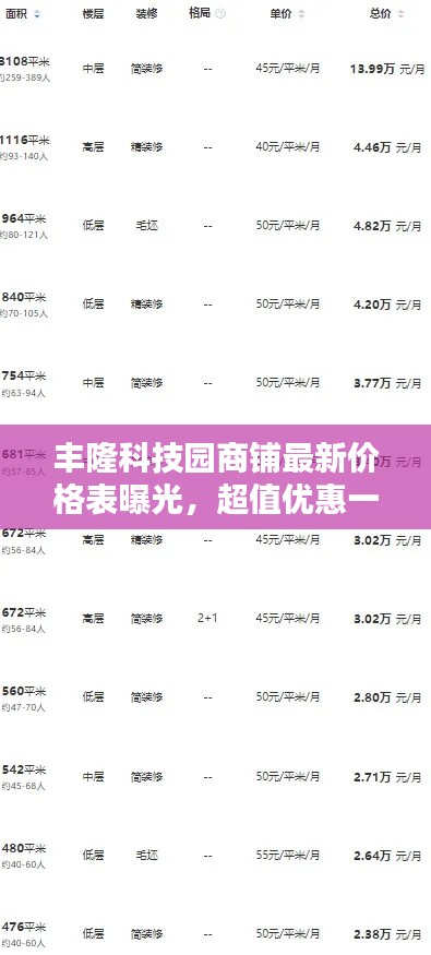 丰隆科技园商铺最新价格表曝光，超值优惠一网打尽！